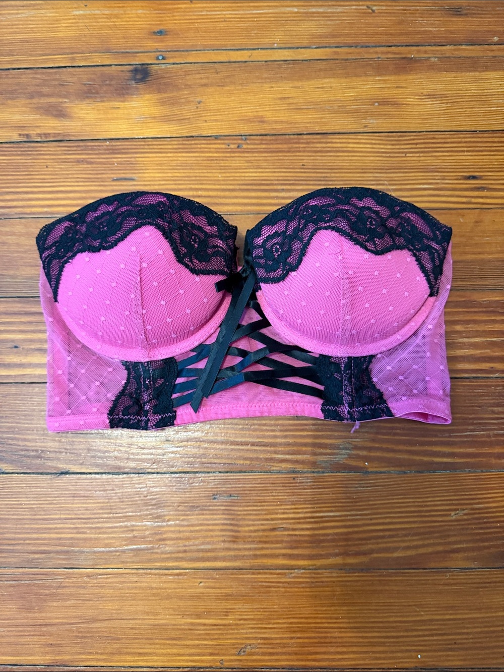 H&M Pink Lace-Trim Strapless Corset Bra with Black Ribbon Detail 32C